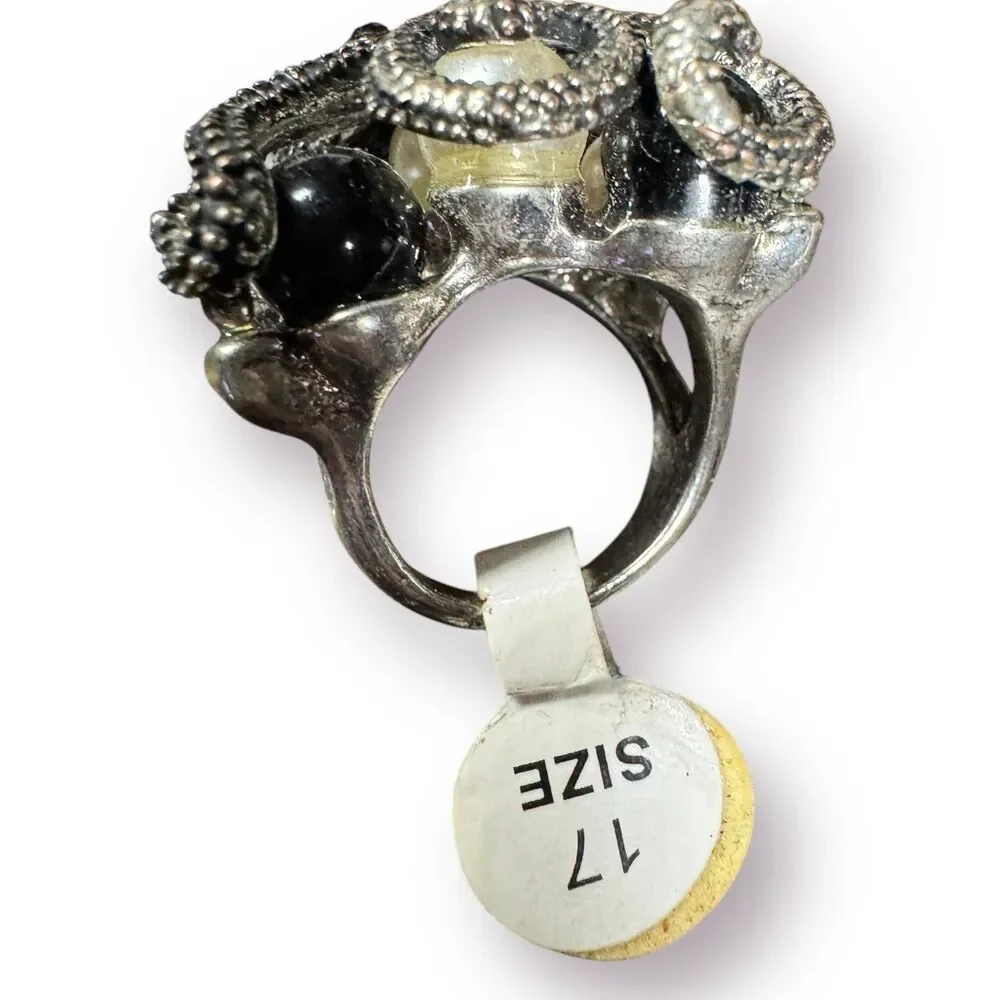 Silver Octopus‎ Multi Color Pearl Ring Vintage Size 17 Retro Rhinestone Gothcore